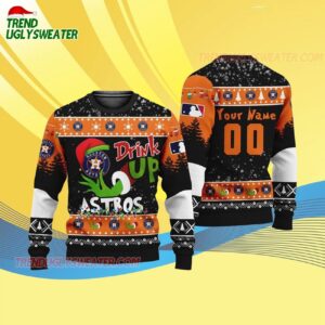 Custom Name And Number Houston Astros Grinch Drink Up Christmas Ugly Sweater 4