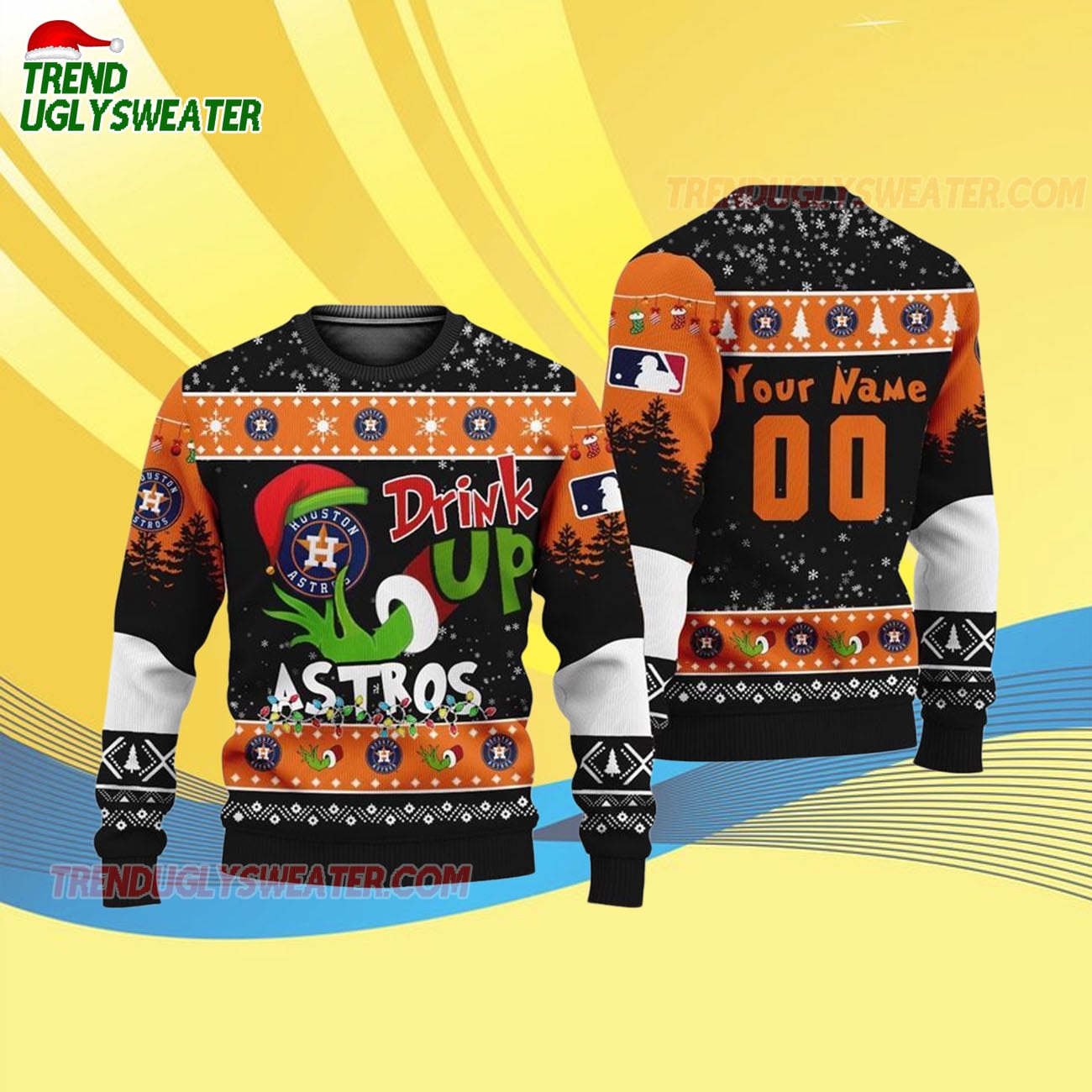 Custom Name And Number Houston Astros Grinch Drink Up Christmas Ugly Sweater Custom Name And Number Houston Astros Grinch Drink Up Christmas Ugly Sweater