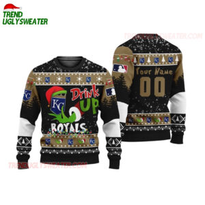 Custom Name And Number Kansas City Royals Grinch Drink Up Christmas Ugly Sweater 1
