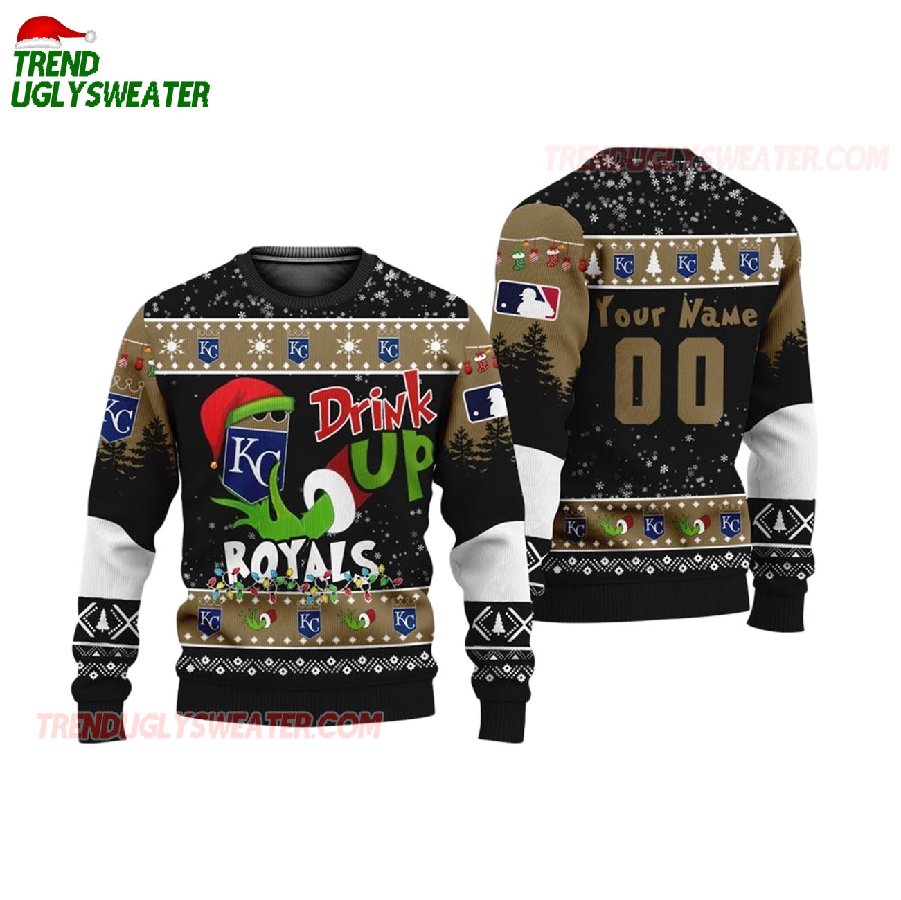 Custom Name And Number Kansas City Royals Grinch Drink Up Christmas Ugly Sweater Custom Name And Number Kansas City Royals Grinch Drink Up Christmas Ugly Sweater