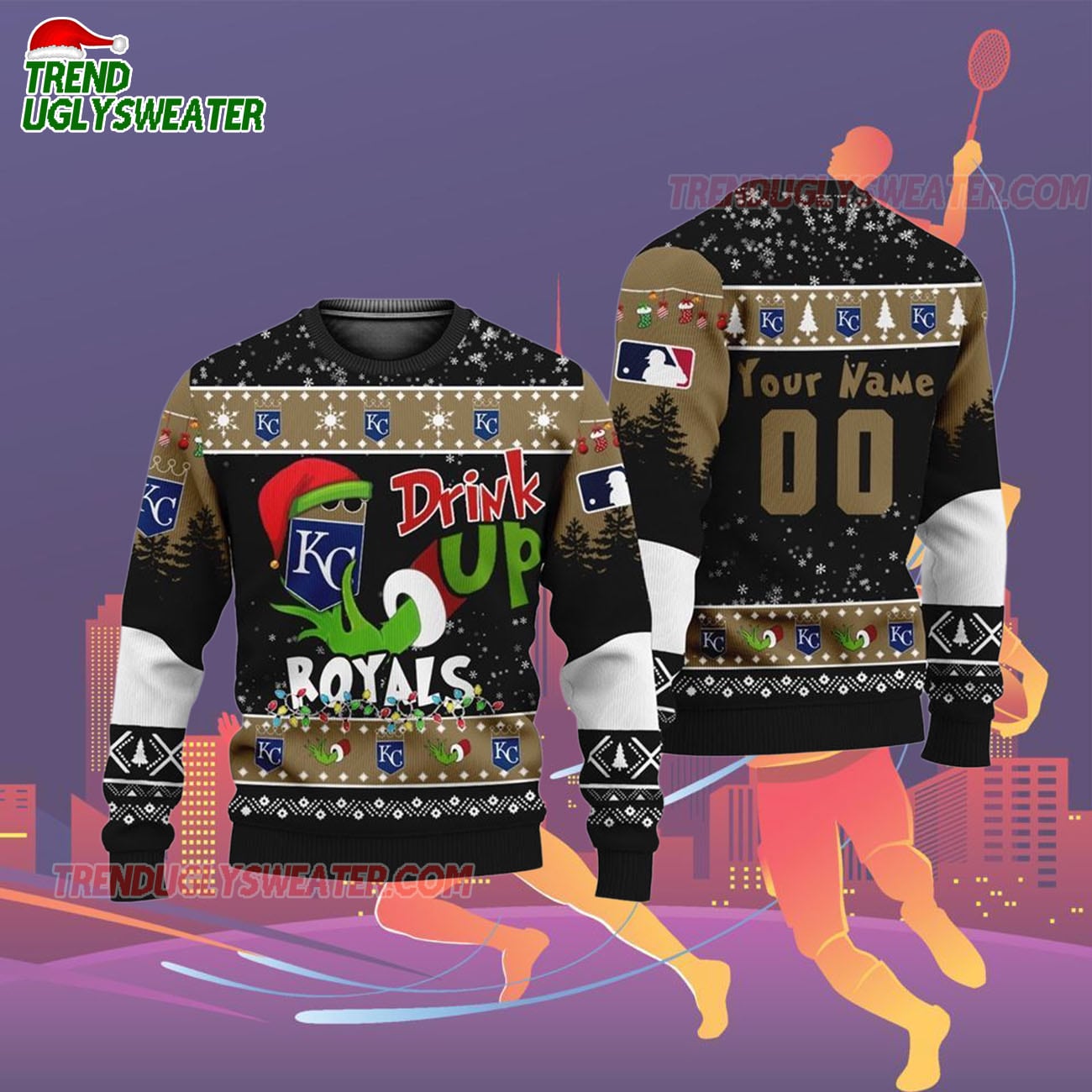 Custom Name And Number Kansas City Royals Grinch Drink Up Christmas Ugly Sweater Custom Name And Number Kansas City Royals Grinch Drink Up Christmas Ugly Sweater