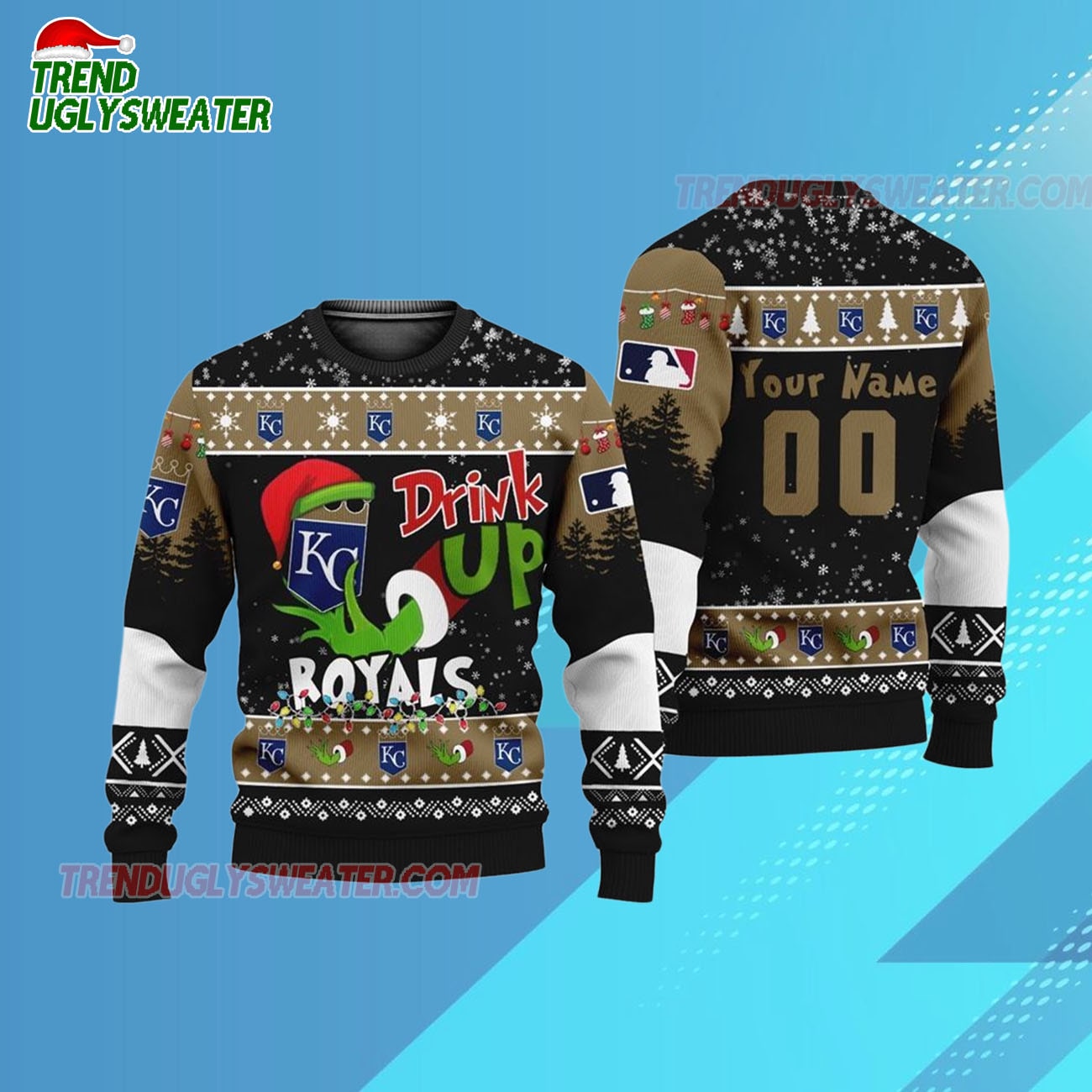 Custom Name And Number Kansas City Royals Grinch Drink Up Christmas Ugly Sweater Custom Name And Number Kansas City Royals Grinch Drink Up Christmas Ugly Sweater