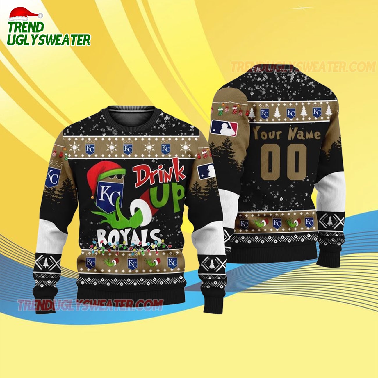 Custom Name And Number Kansas City Royals Grinch Drink Up Christmas Ugly Sweater Custom Name And Number Kansas City Royals Grinch Drink Up Christmas Ugly Sweater