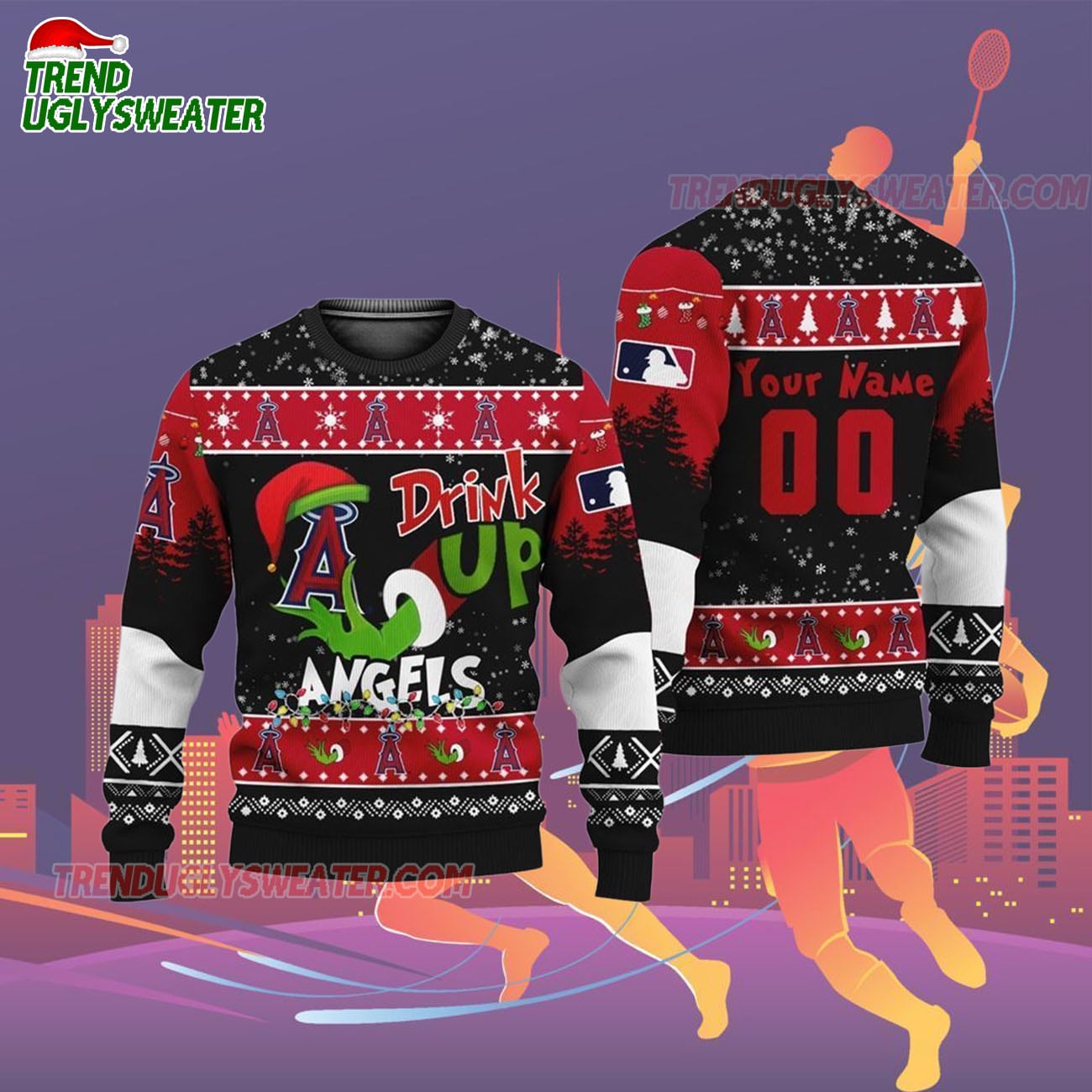 Custom Name And Number Los Angeles Angels Grinch Drink Up Christmas Ugly Sweater Custom Name And Number Los Angeles Angels Grinch Drink Up Christmas Ugly Sweater