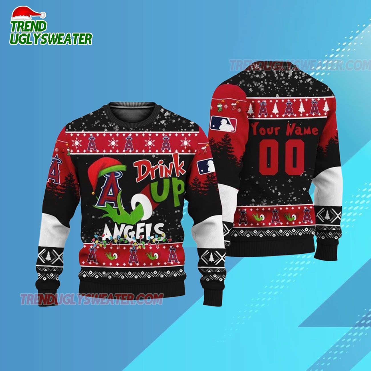 Custom Name And Number Los Angeles Angels Grinch Drink Up Christmas Ugly Sweater Custom Name And Number Los Angeles Angels Grinch Drink Up Christmas Ugly Sweater