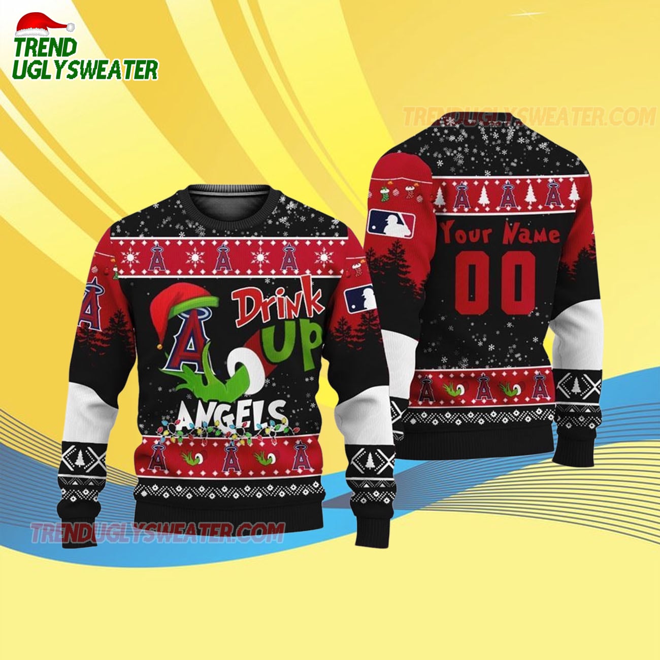 Custom Name And Number Los Angeles Angels Grinch Drink Up Christmas Ugly Sweater Custom Name And Number Los Angeles Angels Grinch Drink Up Christmas Ugly Sweater