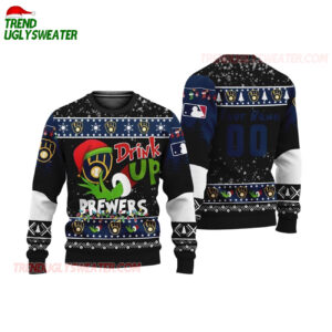 Custom Name And Number Milwaukee Brewers Grinch Drink Up Christmas Ugly Sweater 1