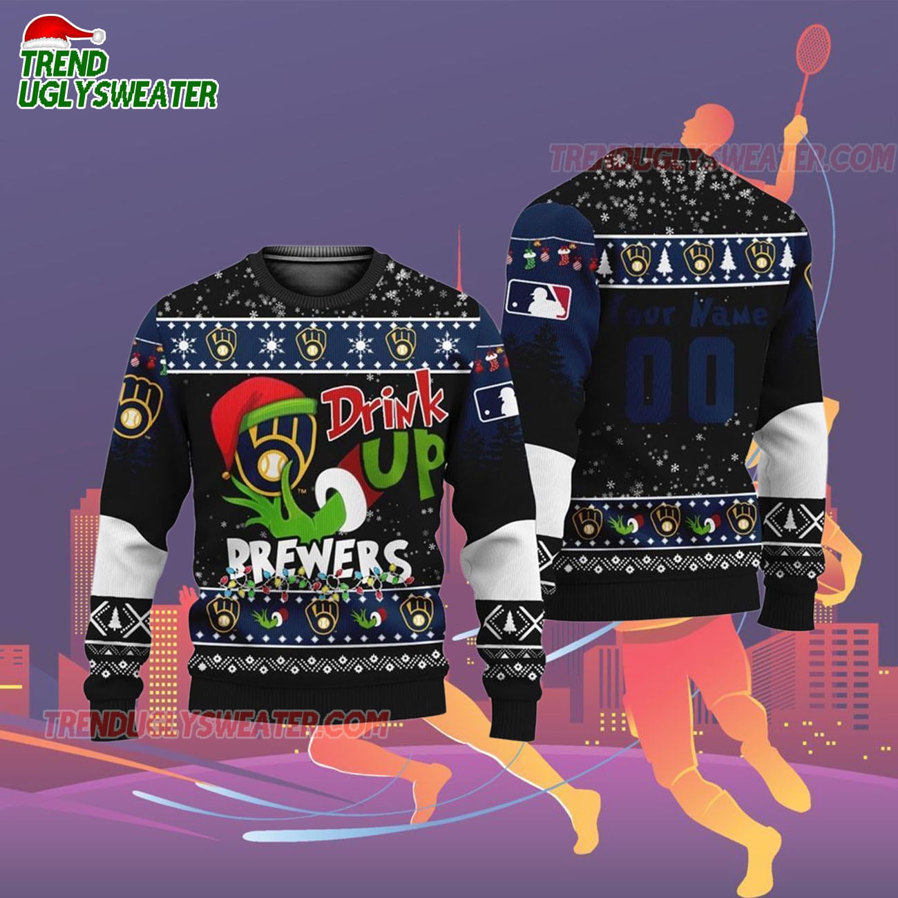 Custom Name And Number Milwaukee Brewers Grinch Drink Up Christmas Ugly Sweater Custom Name And Number Milwaukee Brewers Grinch Drink Up Christmas Ugly Sweater
