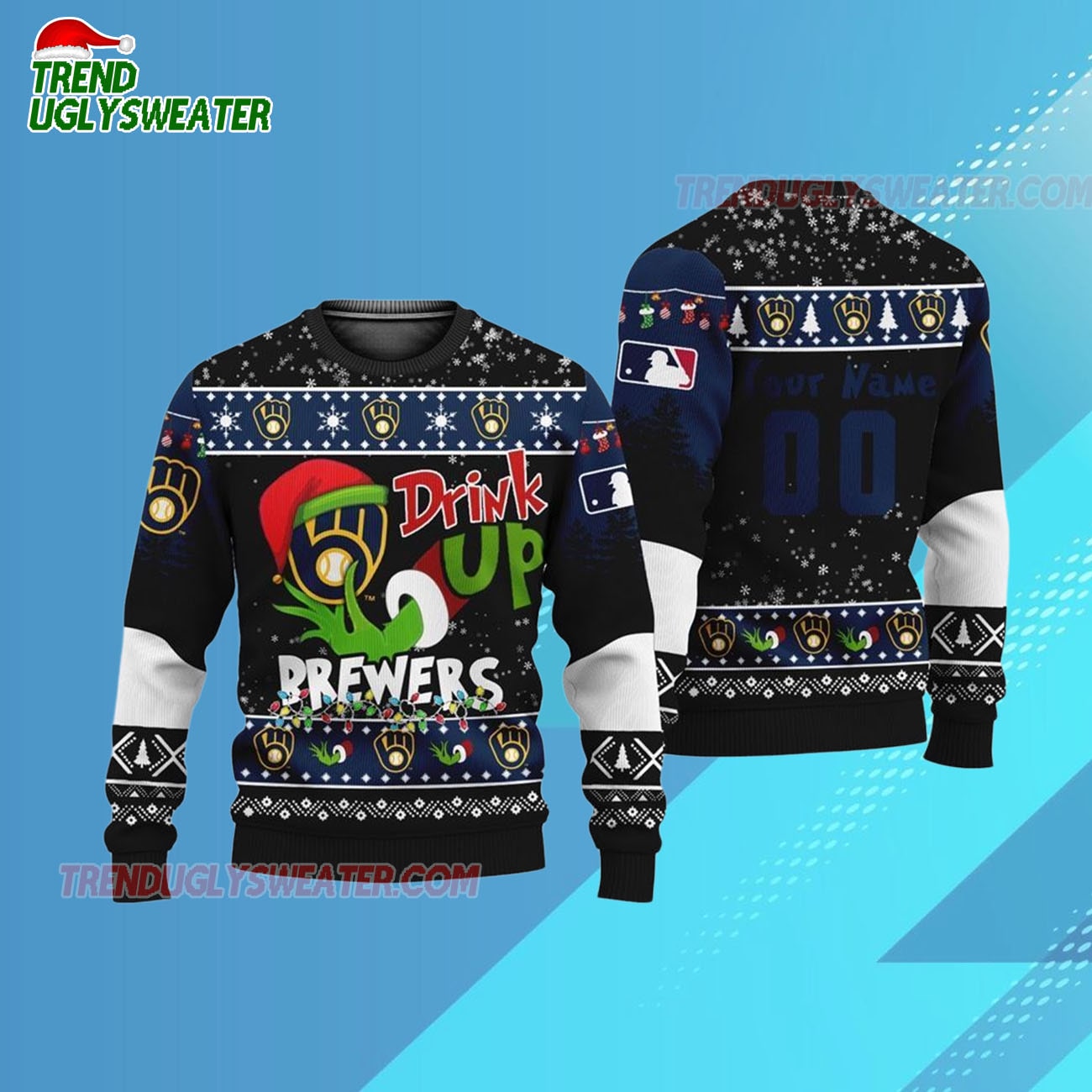 Custom Name And Number Milwaukee Brewers Grinch Drink Up Christmas Ugly Sweater Custom Name And Number Milwaukee Brewers Grinch Drink Up Christmas Ugly Sweater