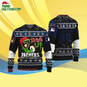 Custom Name And Number Milwaukee Brewers Grinch Drink Up Christmas Ugly Sweater 4
