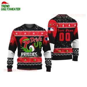 Custom Name And Number Philadelphia Phillies Grinch Drink Up Christmas Ugly Sweater 1