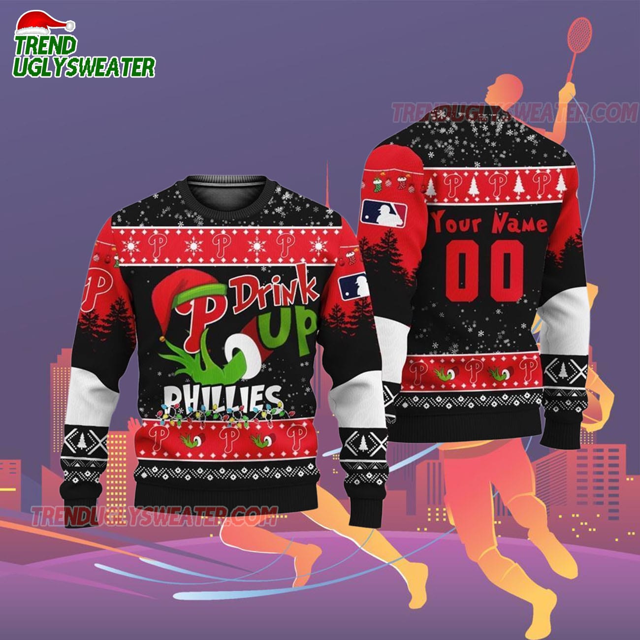 Custom Name And Number Philadelphia Phillies Grinch Drink Up Christmas Ugly Sweater Custom Name And Number Philadelphia Phillies Grinch Drink Up Christmas Ugly Sweater