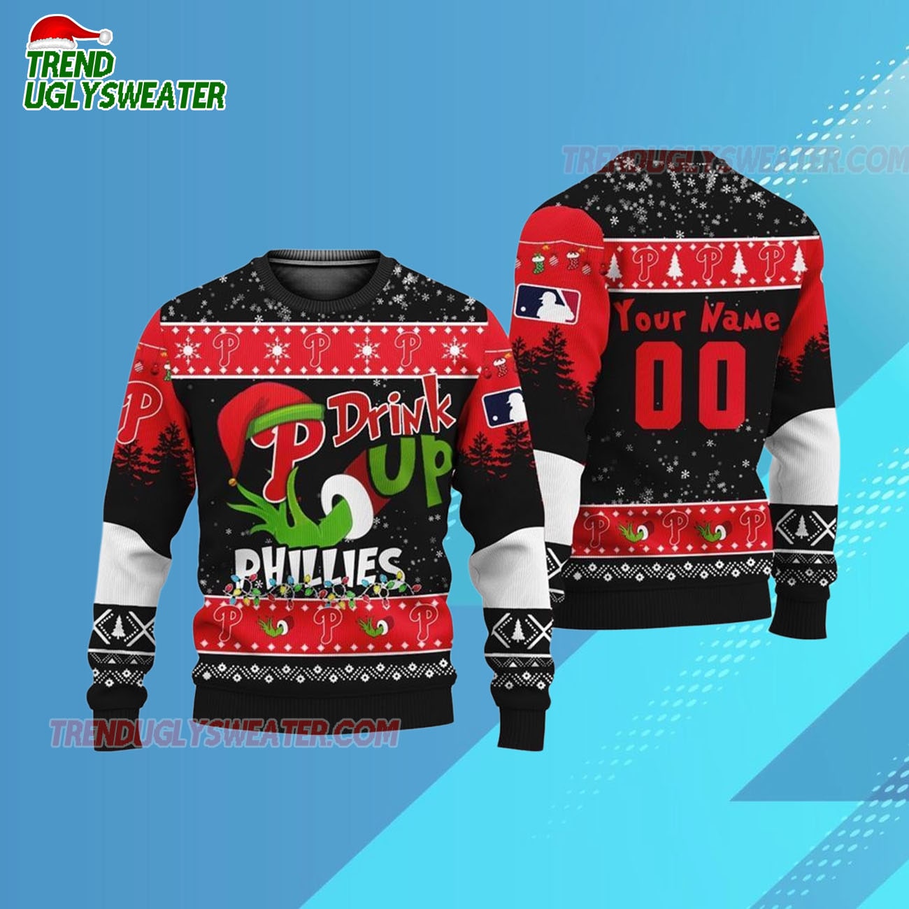 Custom Name And Number Philadelphia Phillies Grinch Drink Up Christmas Ugly Sweater Custom Name And Number Philadelphia Phillies Grinch Drink Up Christmas Ugly Sweater
