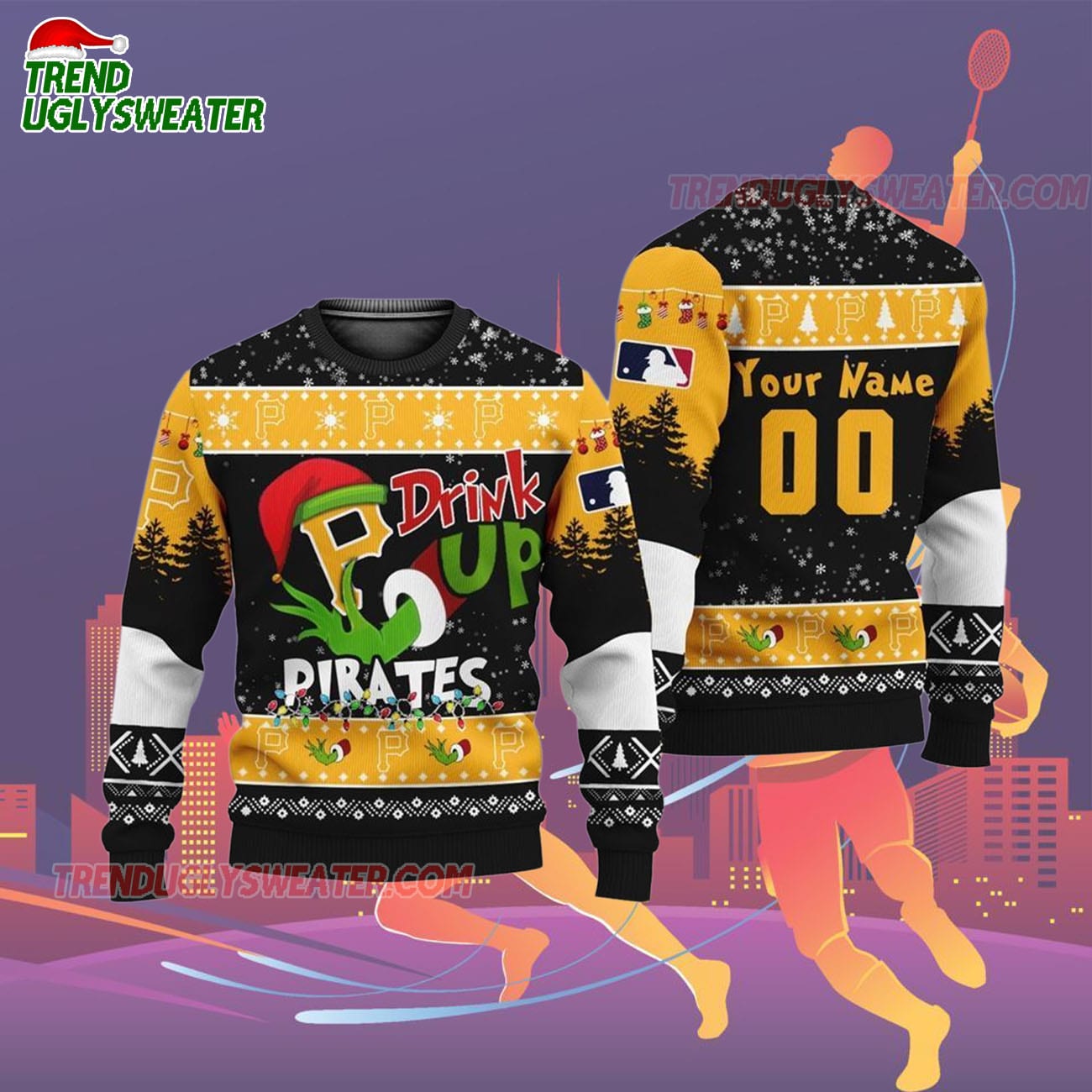 Custom Name And Number Pittsburgh Pirates Grinch Drink Up Christmas Ugly Sweater Custom Name And Number Pittsburgh Pirates Grinch Drink Up Christmas Ugly Sweater