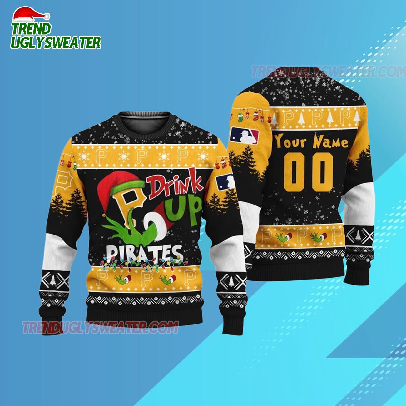 Custom Name And Number Pittsburgh Pirates Grinch Drink Up Christmas Ugly Sweater Custom Name And Number Pittsburgh Pirates Grinch Drink Up Christmas Ugly Sweater