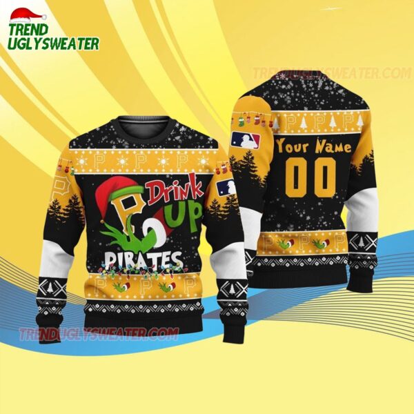Custom Name And Number Pittsburgh Pirates Grinch Drink Up Christmas Ugly Sweater 4