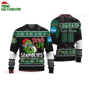 Custom Name And Number Stony Brook Seawolves Grinch Drink Up Ugly Christmas Sweater 1