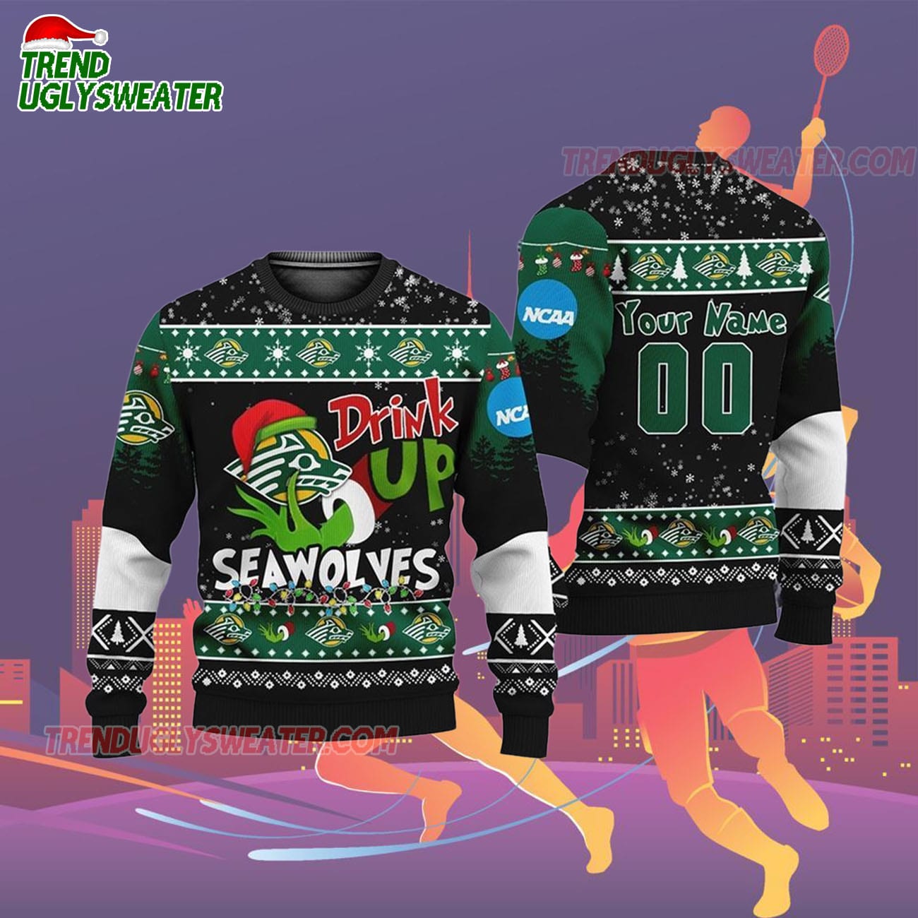 Custom Name And Number Stony Brook Seawolves Grinch Drink Up Ugly Christmas Sweater Custom Name And Number Stony Brook Seawolves Grinch Drink Up Ugly Christmas Sweater
