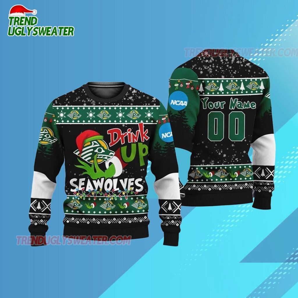 Custom Name And Number Stony Brook Seawolves Grinch Drink Up Ugly Christmas Sweater 3
