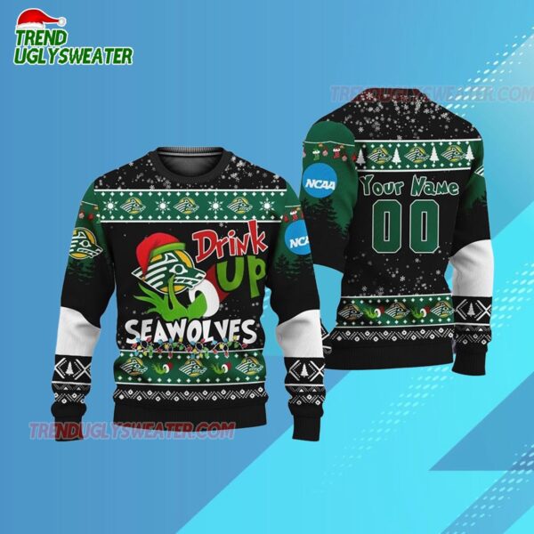 Custom Name And Number Stony Brook Seawolves Grinch Drink Up Ugly Christmas Sweater 3
