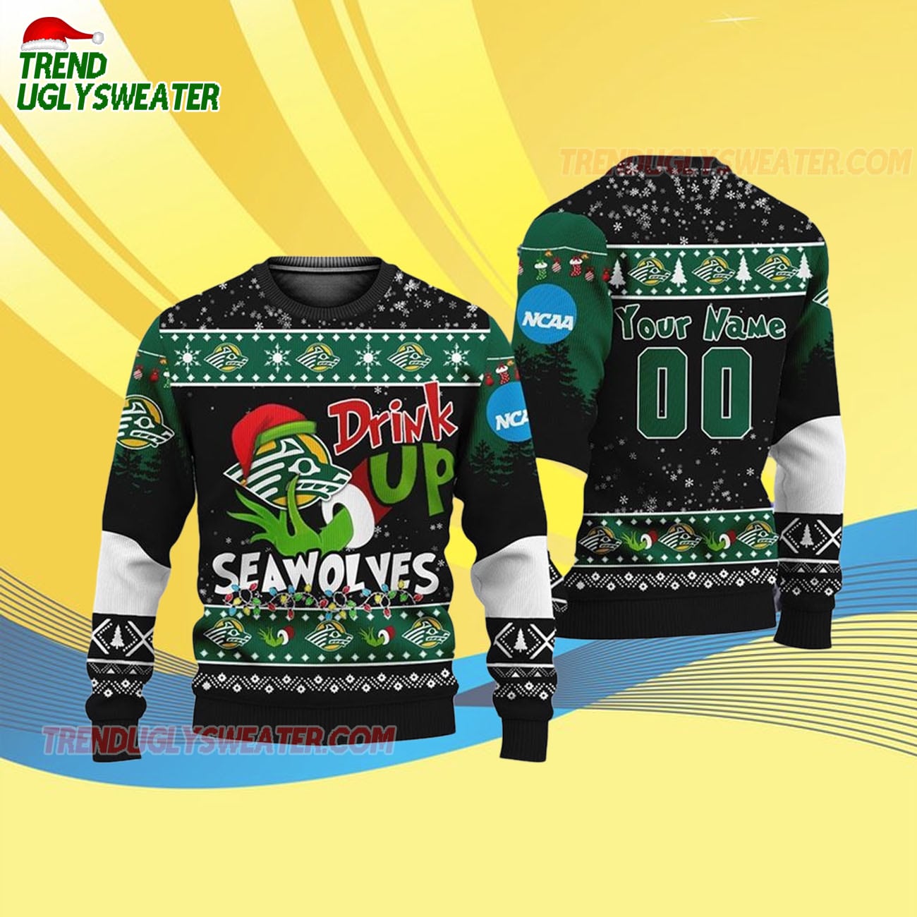 Custom Name And Number Stony Brook Seawolves Grinch Drink Up Ugly Christmas Sweater Custom Name And Number Stony Brook Seawolves Grinch Drink Up Ugly Christmas Sweater