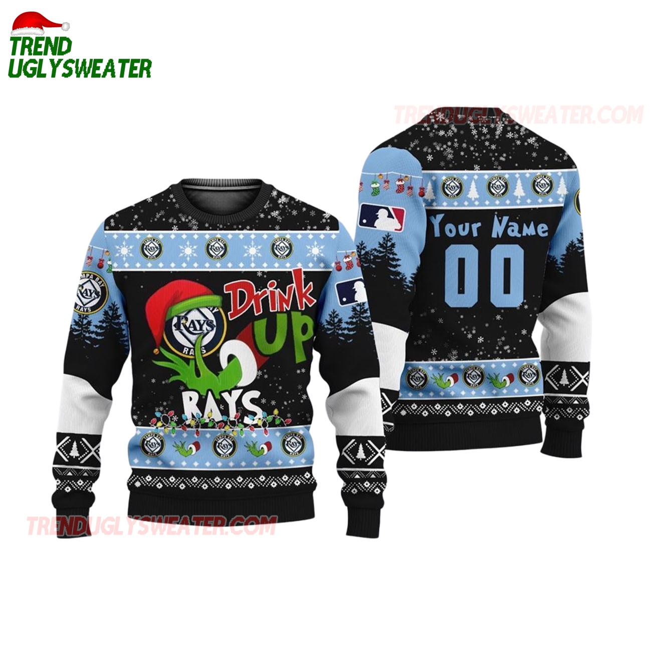 Custom Name And Number Tampa Bay Rays Grinch Drink Up Christmas Ugly Sweater Custom Name And Number Tampa Bay Rays Grinch Drink Up Christmas Ugly Sweater