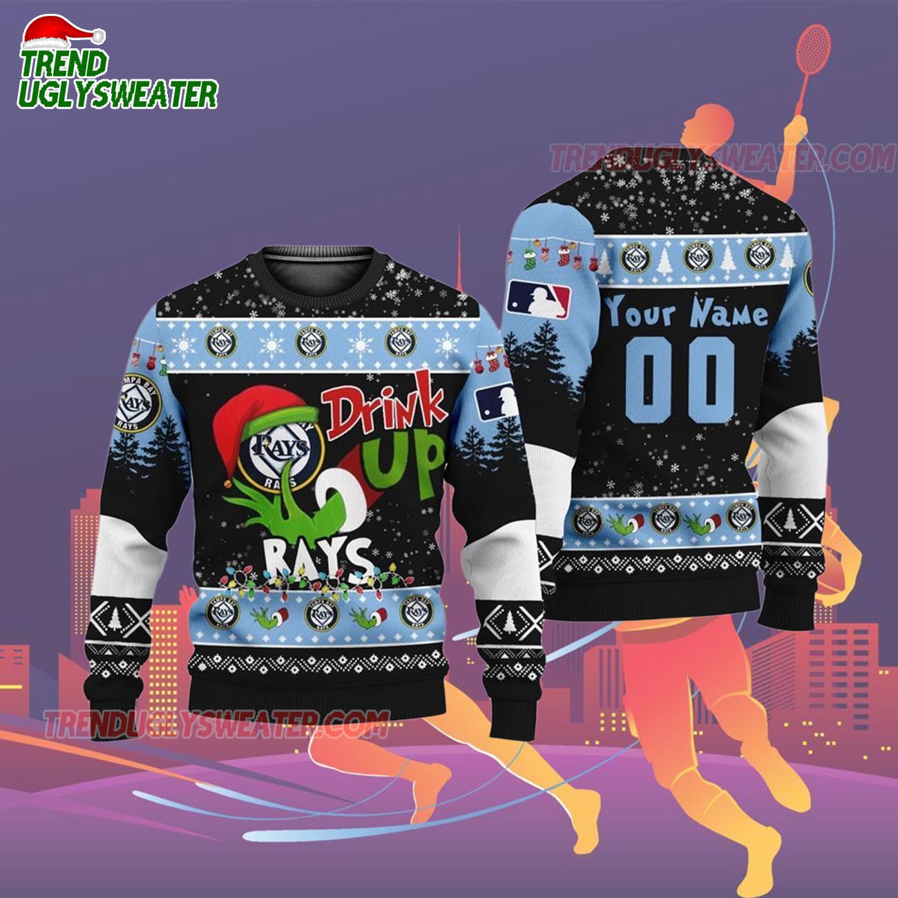 Custom Name And Number Tampa Bay Rays Grinch Drink Up Christmas Ugly Sweater Custom Name And Number Tampa Bay Rays Grinch Drink Up Christmas Ugly Sweater