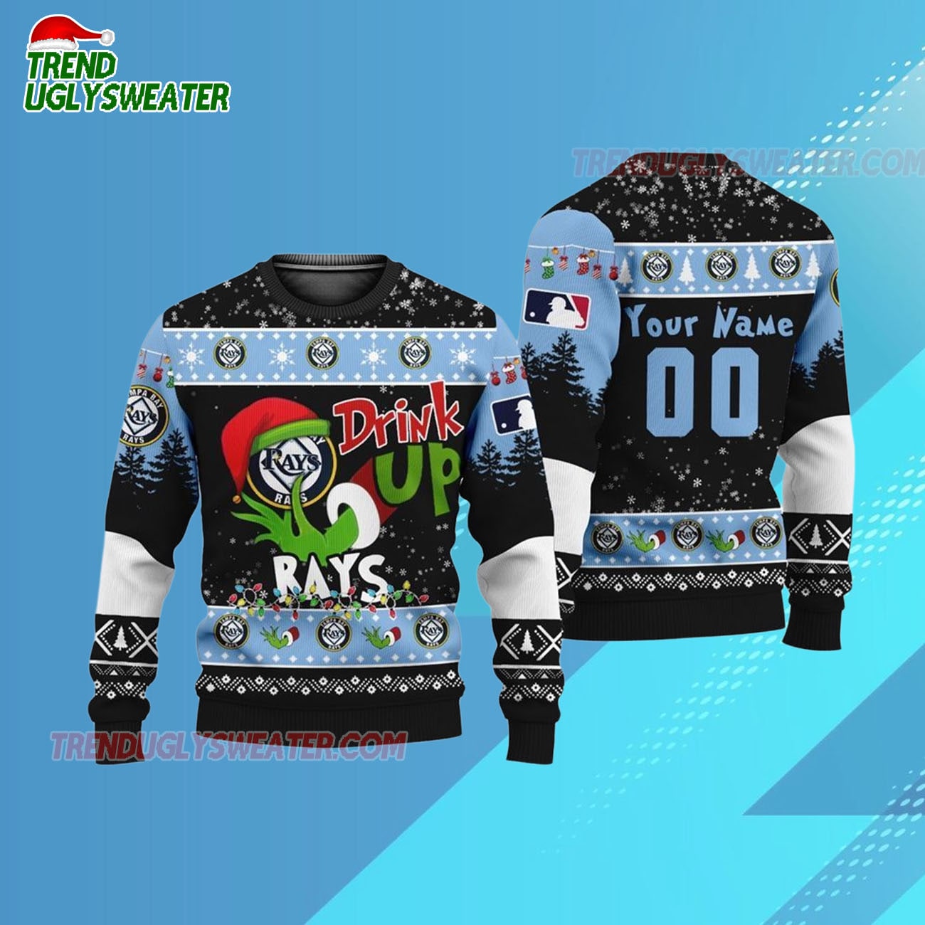 Custom Name And Number Tampa Bay Rays Grinch Drink Up Christmas Ugly Sweater Custom Name And Number Tampa Bay Rays Grinch Drink Up Christmas Ugly Sweater