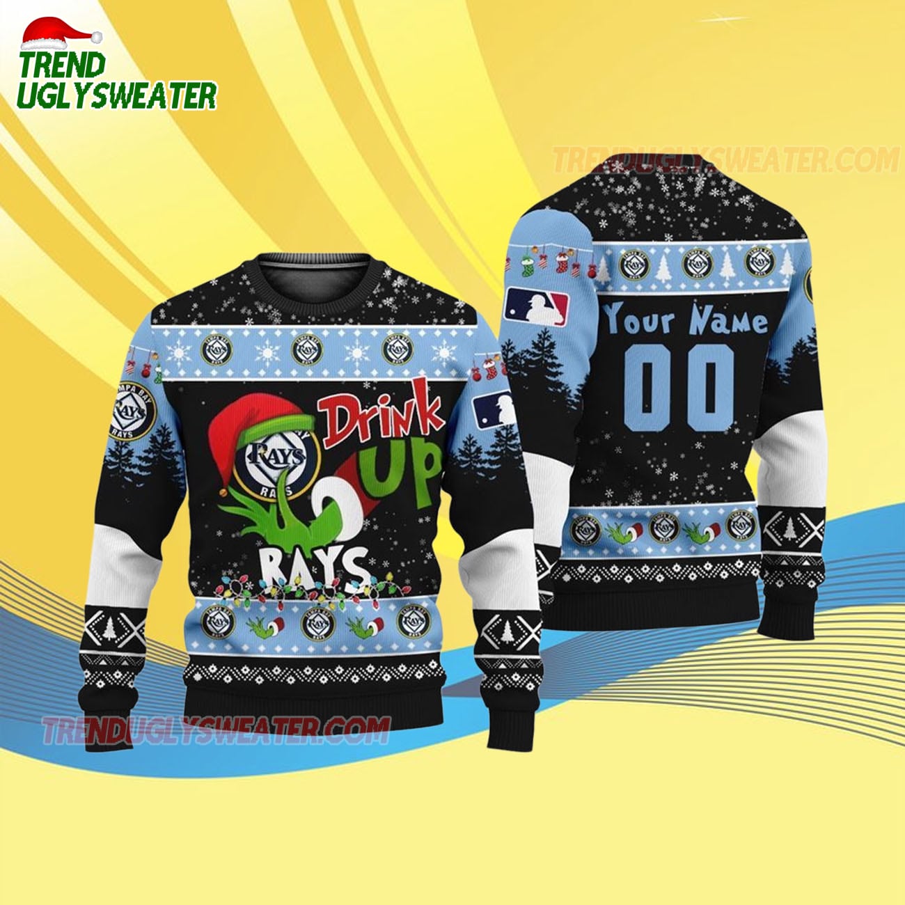 Custom Name And Number Tampa Bay Rays Grinch Drink Up Christmas Ugly Sweater Custom Name And Number Tampa Bay Rays Grinch Drink Up Christmas Ugly Sweater