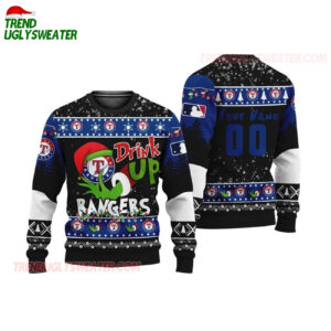 Custom Name And Number Texas Rangers Grinch Drink Up Christmas Ugly Sweater 1