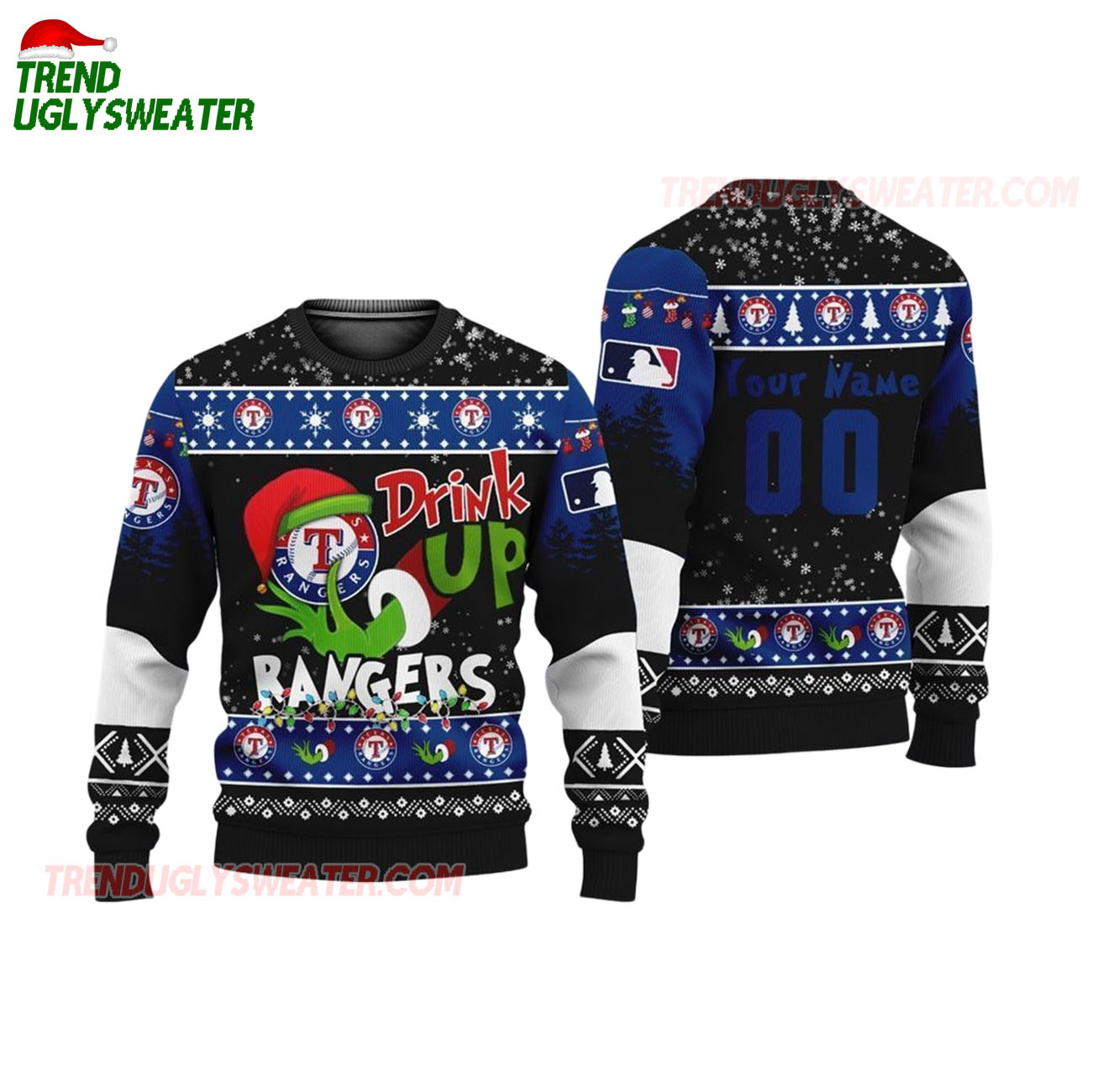 Custom Name And Number Texas Rangers Grinch Drink Up Christmas Ugly Sweater Custom Name And Number Texas Rangers Grinch Drink Up Christmas Ugly Sweater