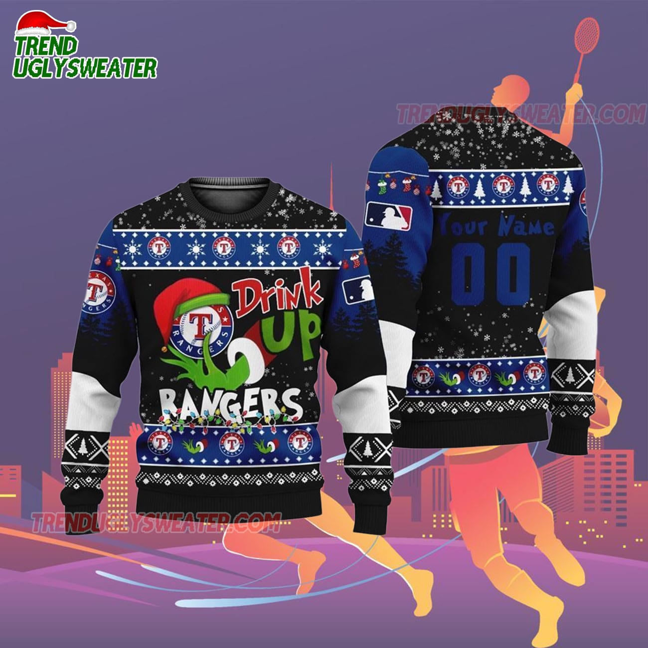 Custom Name And Number Texas Rangers Grinch Drink Up Christmas Ugly Sweater Custom Name And Number Texas Rangers Grinch Drink Up Christmas Ugly Sweater
