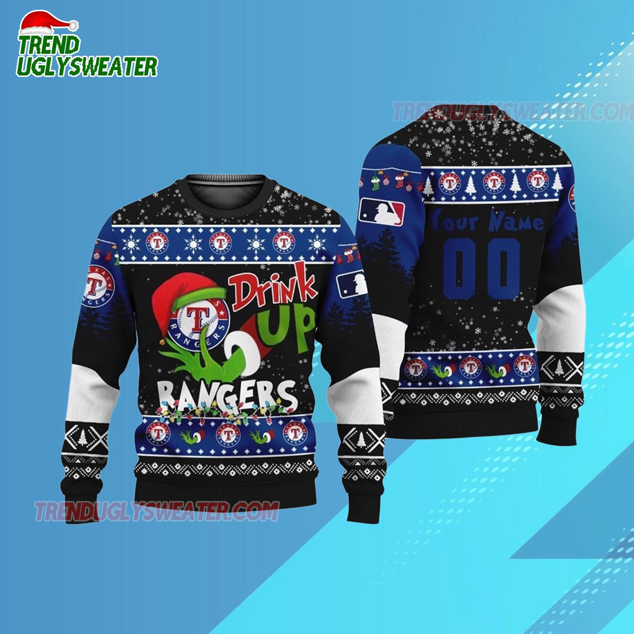 Custom Name And Number Texas Rangers Grinch Drink Up Christmas Ugly Sweater Custom Name And Number Texas Rangers Grinch Drink Up Christmas Ugly Sweater