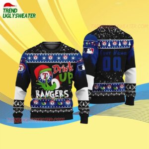 Custom Name And Number Texas Rangers Grinch Drink Up Christmas Ugly Sweater 4