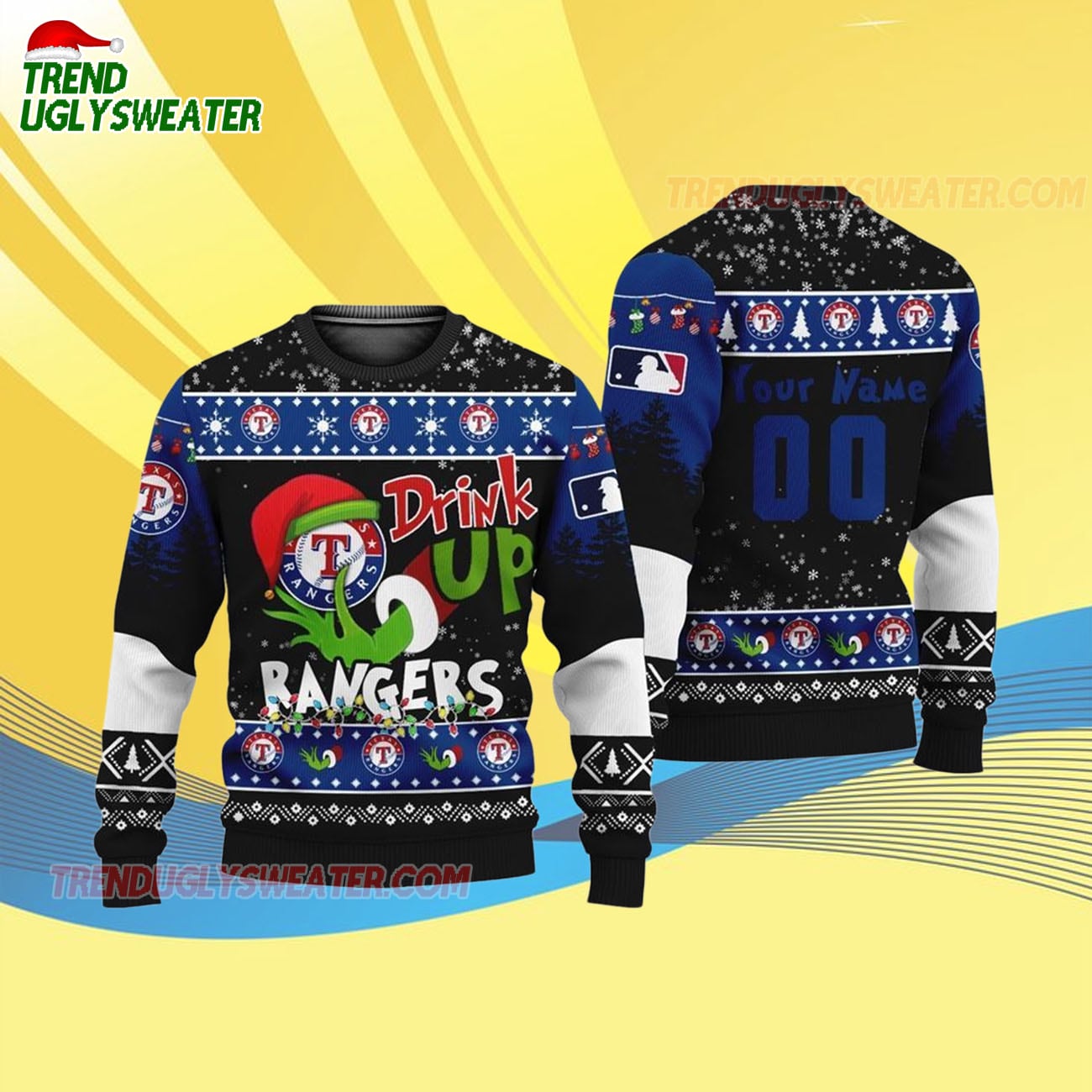 Custom Name And Number Texas Rangers Grinch Drink Up Christmas Ugly Sweater Custom Name And Number Texas Rangers Grinch Drink Up Christmas Ugly Sweater