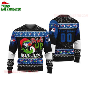 Custom Name And Number Toronto Blue Jays Grinch Drink Up Christmas Ugly Sweater 1