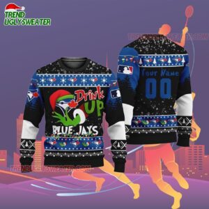 Custom Name And Number Toronto Blue Jays Grinch Drink Up Christmas Ugly Sweater 2