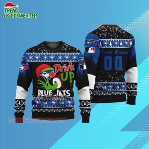 Custom Name And Number Toronto Blue Jays Grinch Drink Up Christmas Ugly Sweater 3