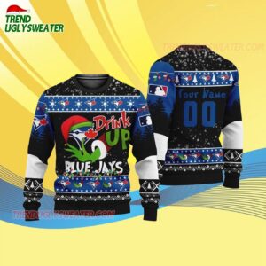 Custom Name And Number Toronto Blue Jays Grinch Drink Up Christmas Ugly Sweater 4