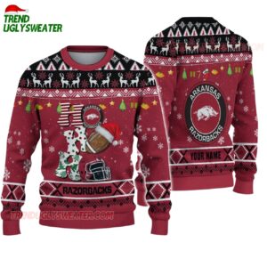 Custom Name Arkansas Razorbacks Football Ho Ho Ho Ugly Christmas Sweater 1