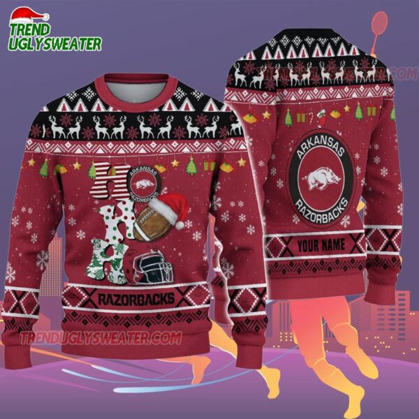 Custom Name Arkansas Razorbacks Football Ho Ho Ho Ugly Christmas Sweater 2