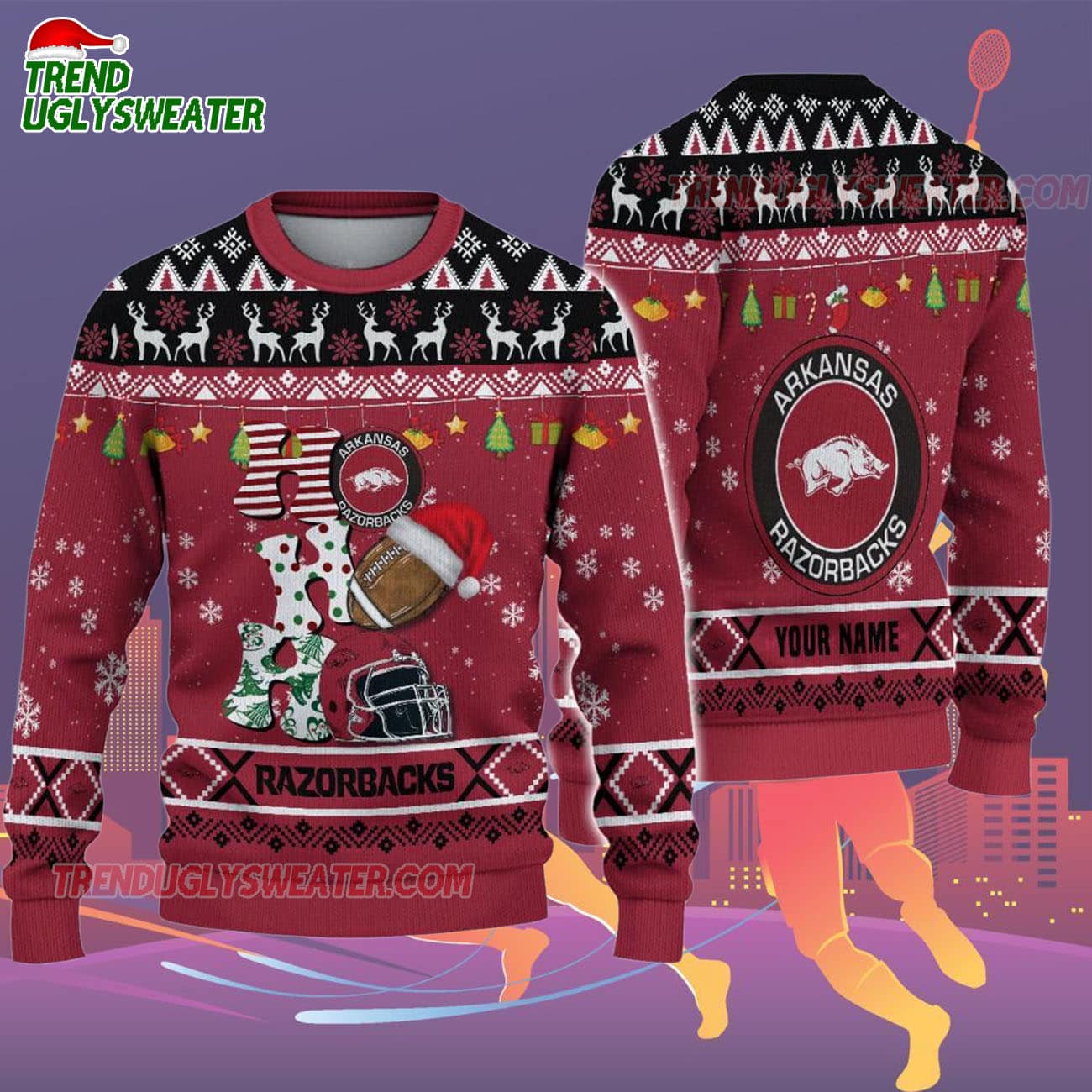 Custom Name Arkansas Razorbacks Football Ho Ho Ho Ugly Christmas Sweater Custom Name Arkansas Razorbacks Football Ho Ho Ho Ugly Christmas Sweater