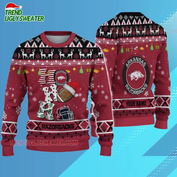 Custom Name Arkansas Razorbacks Football Ho Ho Ho Ugly Christmas Sweater 3