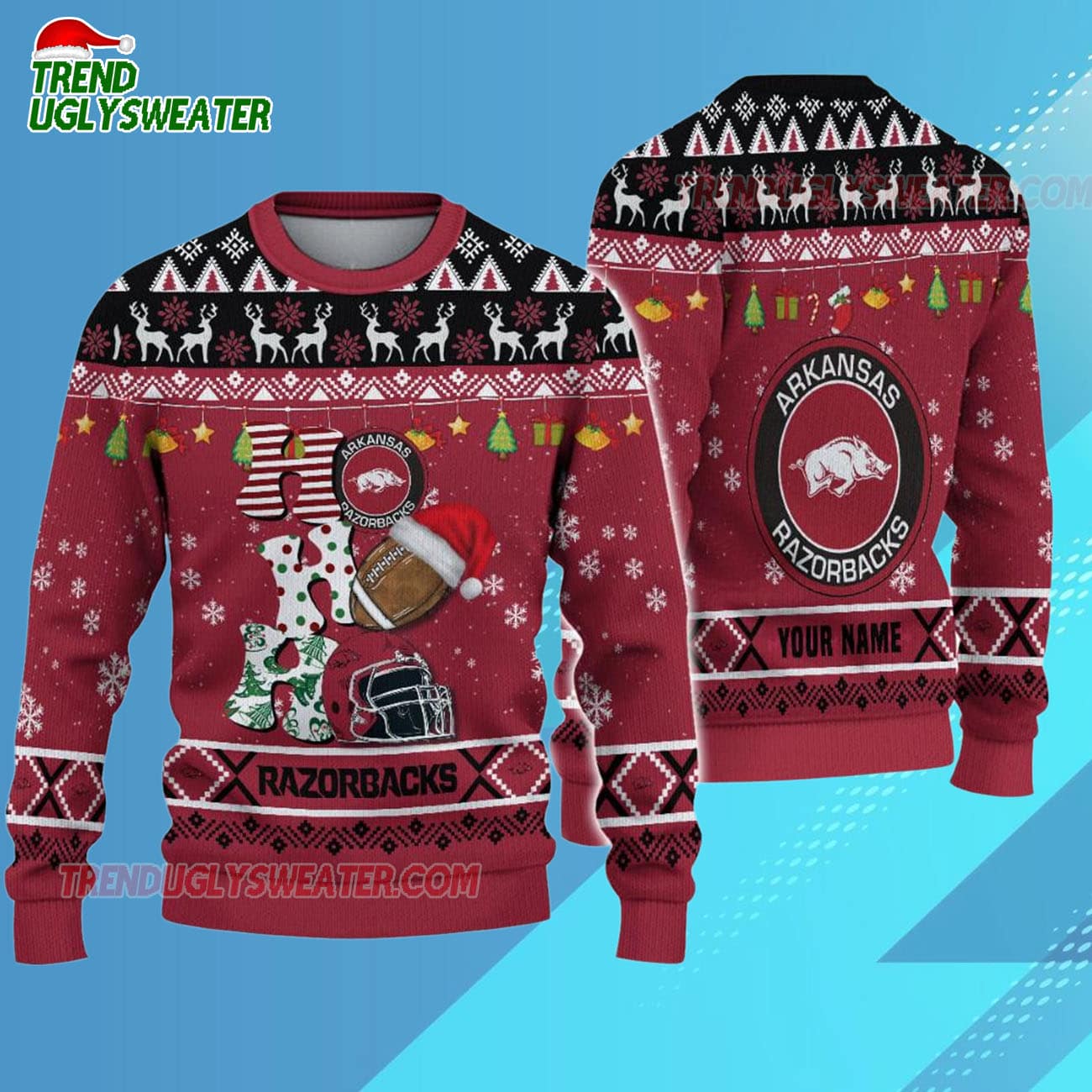Custom Name Arkansas Razorbacks Football Ho Ho Ho Ugly Christmas Sweater Custom Name Arkansas Razorbacks Football Ho Ho Ho Ugly Christmas Sweater