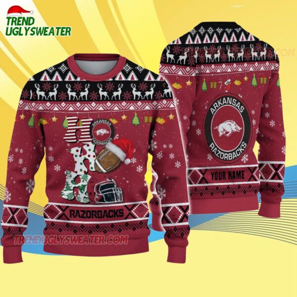 Custom Name Arkansas Razorbacks Football Ho Ho Ho Ugly Christmas Sweater 4