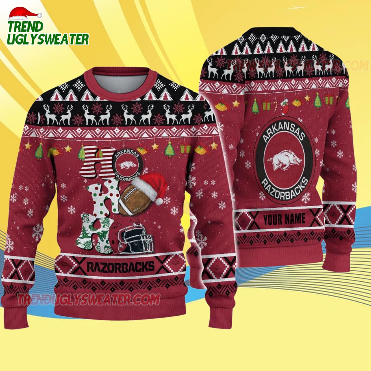 Custom Name Arkansas Razorbacks Football Ho Ho Ho Ugly Christmas Sweater Custom Name Arkansas Razorbacks Football Ho Ho Ho Ugly Christmas Sweater