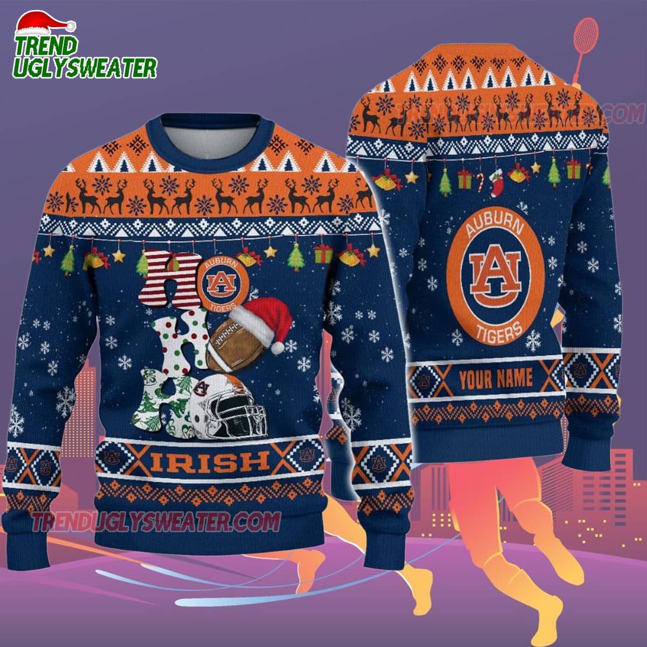 Custom Name Auburn Tigers Football Ho Ho Ho Ugly Christmas Sweater Custom Name Auburn Tigers Football Ho Ho Ho Ugly Christmas Sweater