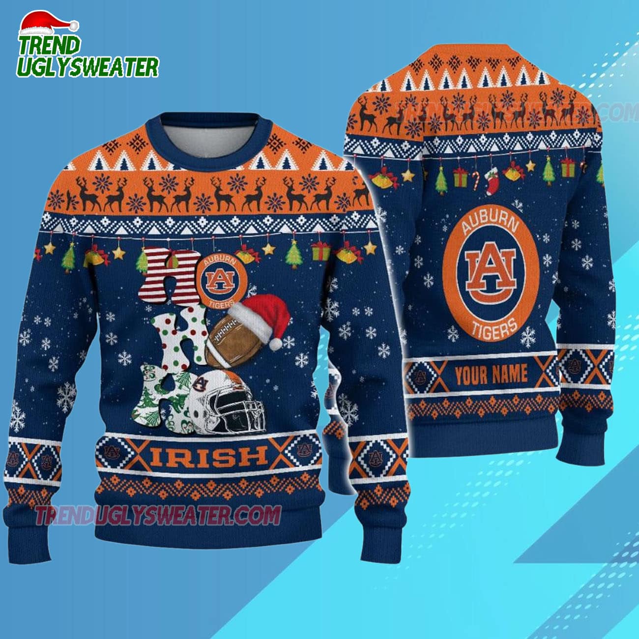 Custom Name Auburn Tigers Football Ho Ho Ho Ugly Christmas Sweater Custom Name Auburn Tigers Football Ho Ho Ho Ugly Christmas Sweater