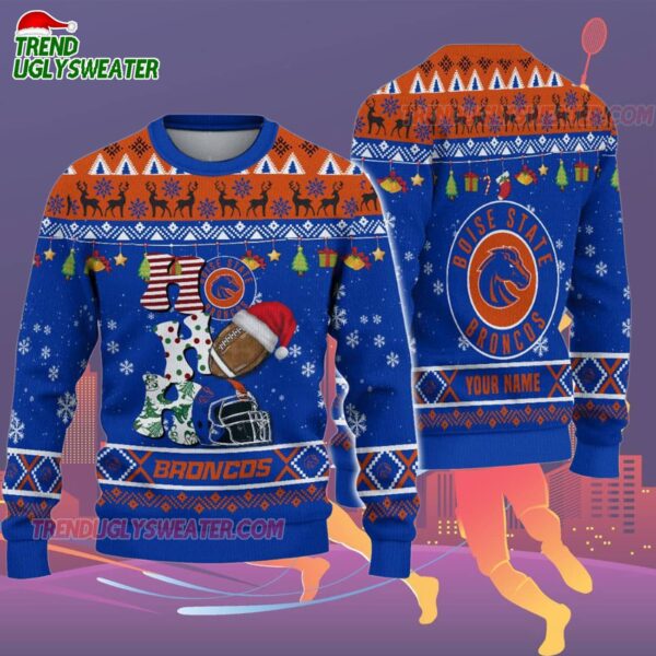 Custom Name Boise State Broncos Football Ho Ho Ho Ugly Christmas Sweater 2
