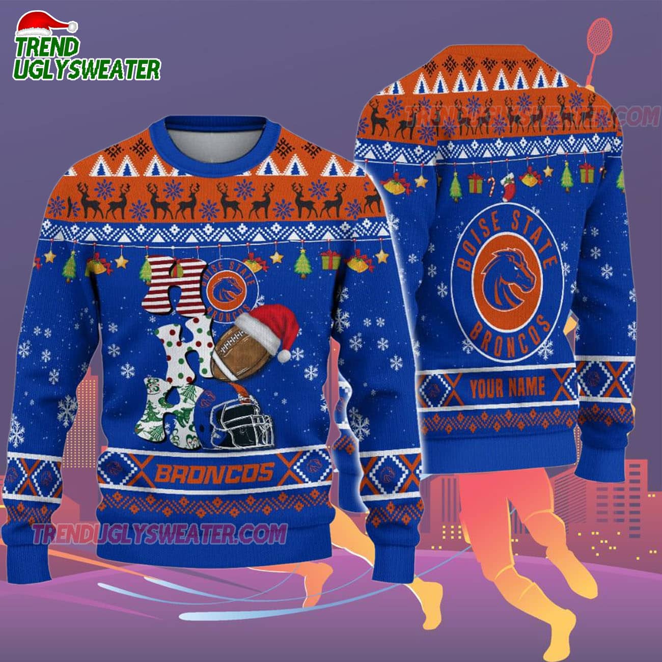 Custom Name Boise State Broncos Football Ho Ho Ho Ugly Christmas Sweater Custom Name Boise State Broncos Football Ho Ho Ho Ugly Christmas Sweater